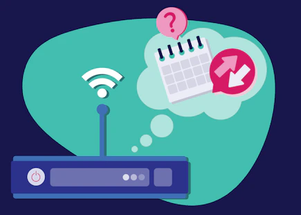 A router with a thought bubble containing a calendar and a switch icon