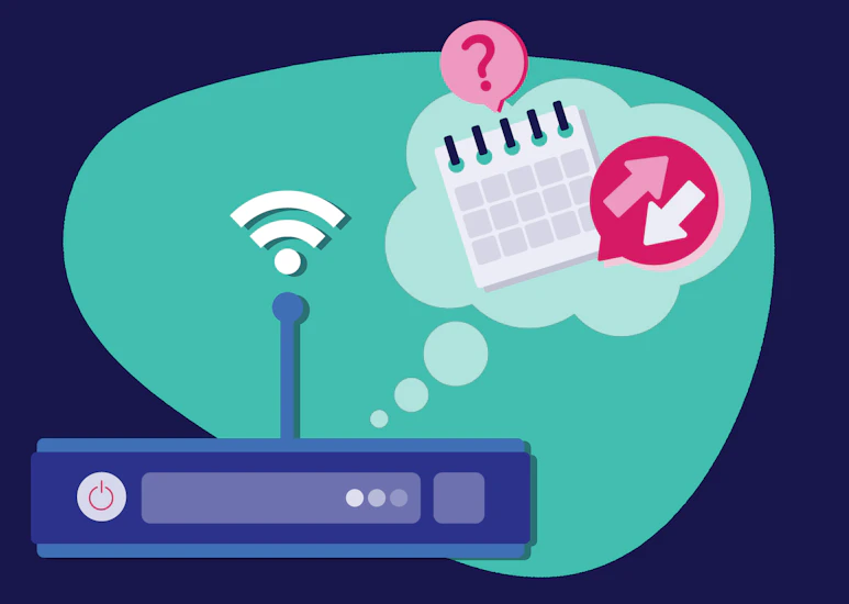 A router with a thought bubble containing a calendar and a switch icon