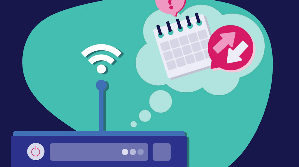 A router with a thought bubble containing a calendar and a switch icon