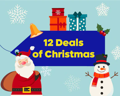 The title '12 Deals of Christmas', surrounded by presents, holly, a snow man and Santa Claus