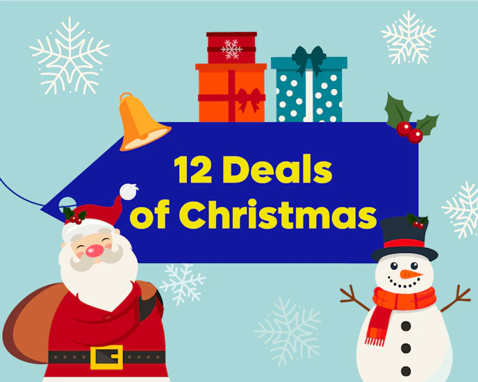 The title '12 Deals of Christmas', surrounded by presents, holly, a snow man and Santa Claus