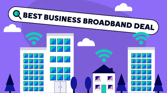 A search bar that reads "Best business broadband deals", with some buildings and a house that have the WiFi symbol above.
