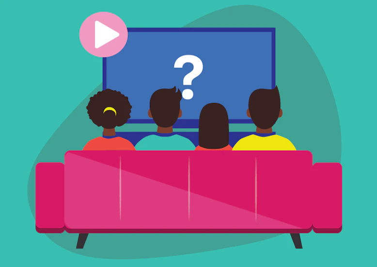 A family sits on the sofa starring at a TV with a question mark on the screen.