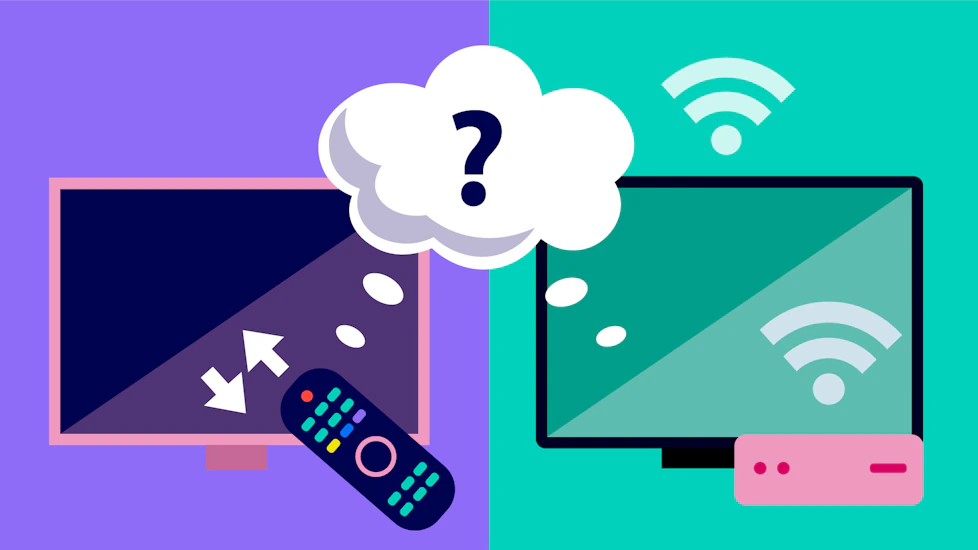 Two TVs, side by side, one representing streaming, one traditional TV, with a question mark between them