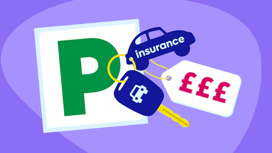 A passed plate, a car key, a small car and a price tag.