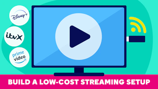 A TV with a streaming device stick getting plucked in, then 3 streaming service icons to the left of the TV.