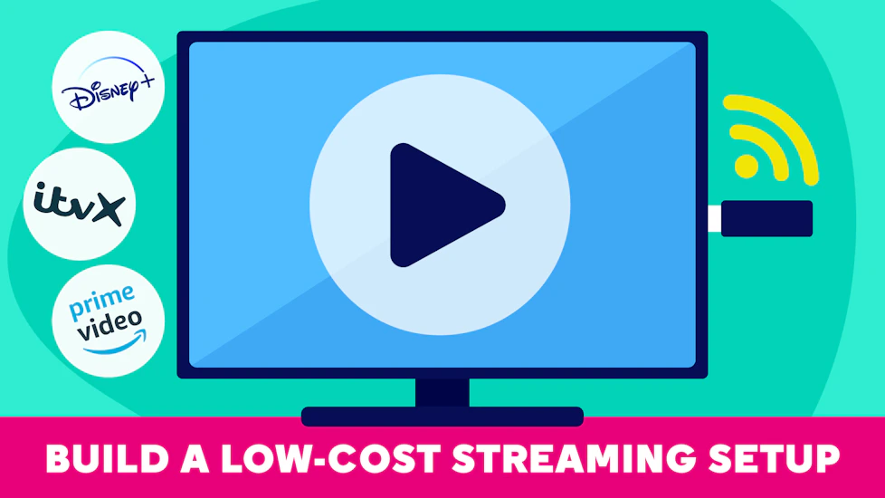 A TV with a streaming device stick getting plucked in, then 3 streaming service icons to the left of the TV.