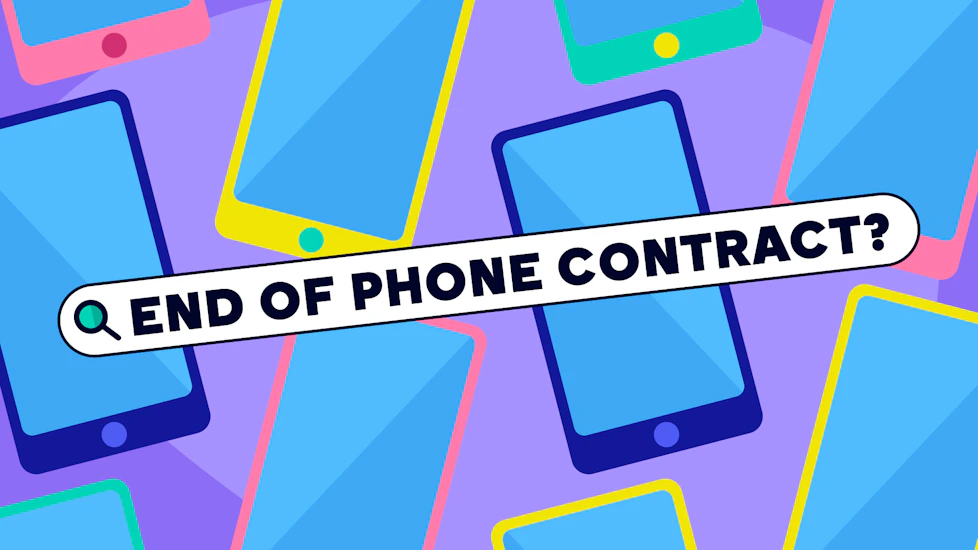 A search bar, with the text 'End of phone contract', on a background of mobile phones