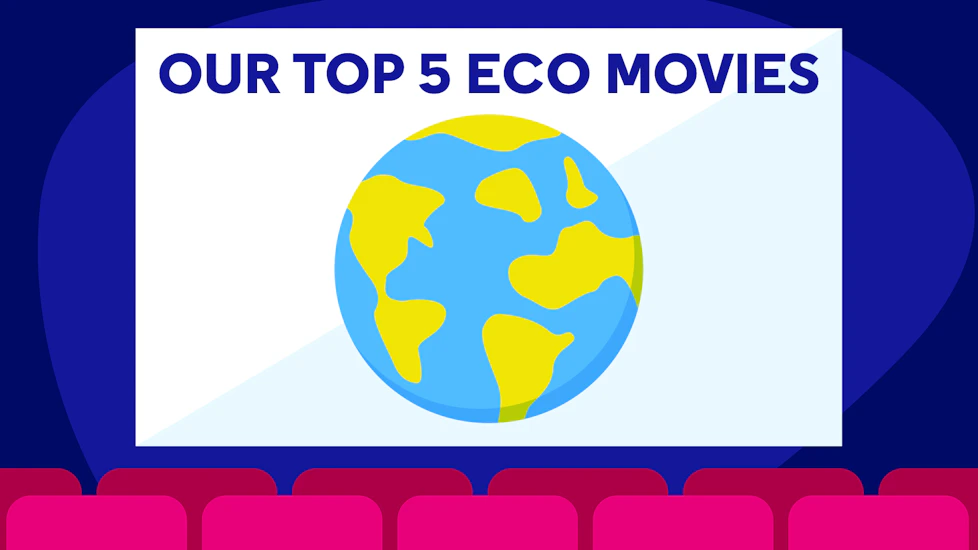 A cinema screen with seats, and an image of the globe on the screen with the title "Our top 5 eco movies" written on it.