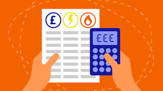 Two hands, the left one holding an energy bill while the right holds a calculator.