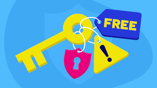 A key with a 'Free' label, a lock and a warning sign. attached to it
