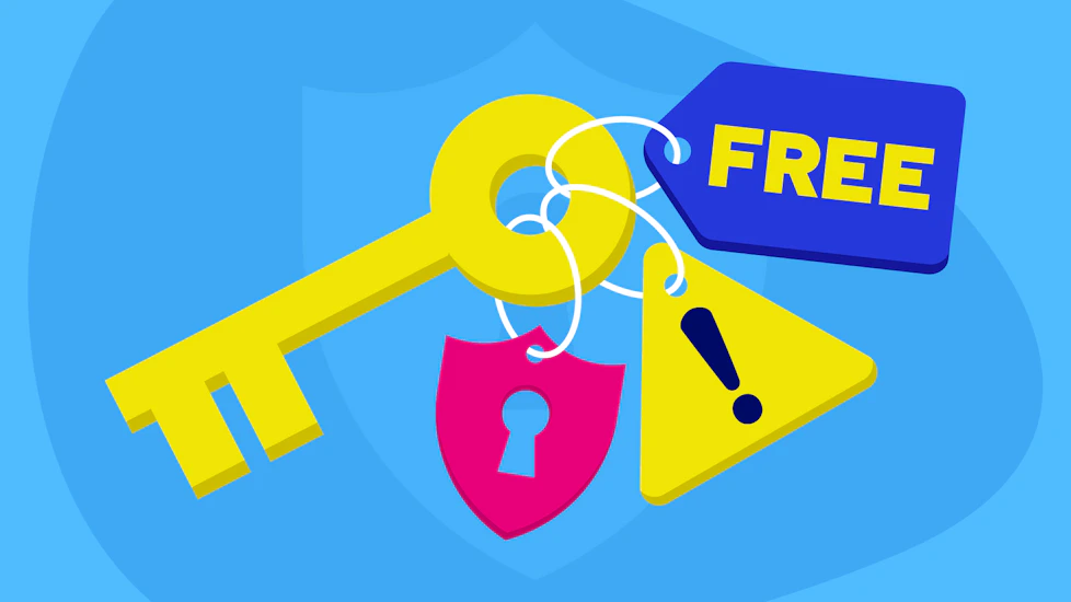 A key with a 'Free' label, a lock and a warning sign. attached to it