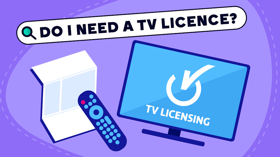 A search bar that contains the guide title, a bill with a TV remote in front, and a TV with the TV licensing logo displayed on it.