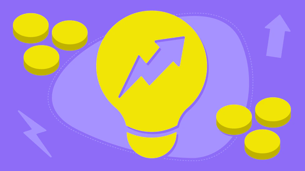 A lightbulb with an upward arrow in it, then some coins around it.
