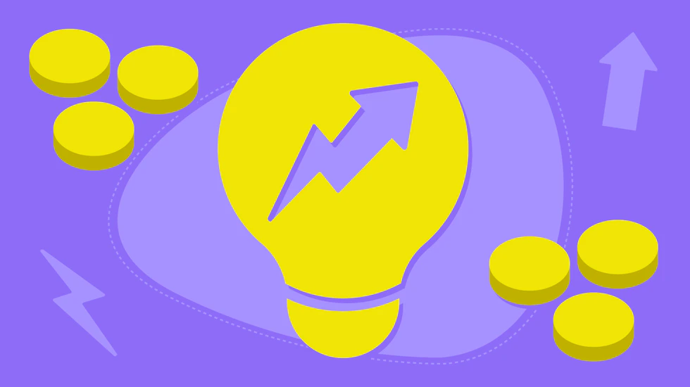 A lightbulb with an upward arrow in it, then some coins around it.