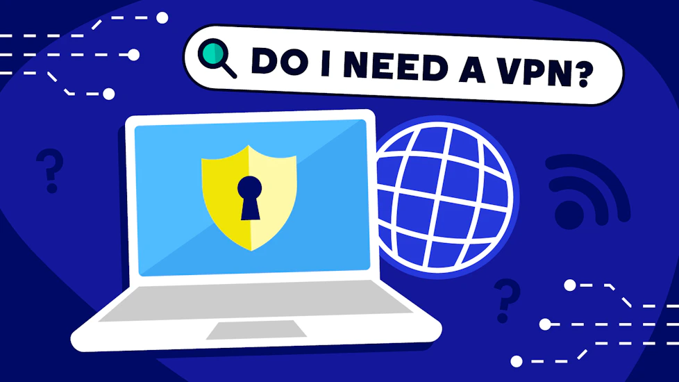 A laptop with a shielded lock on it. Behind, the WWW logo , a WiFi symbol and some question marks surrounding. At the top, a search bar with the title typed in.