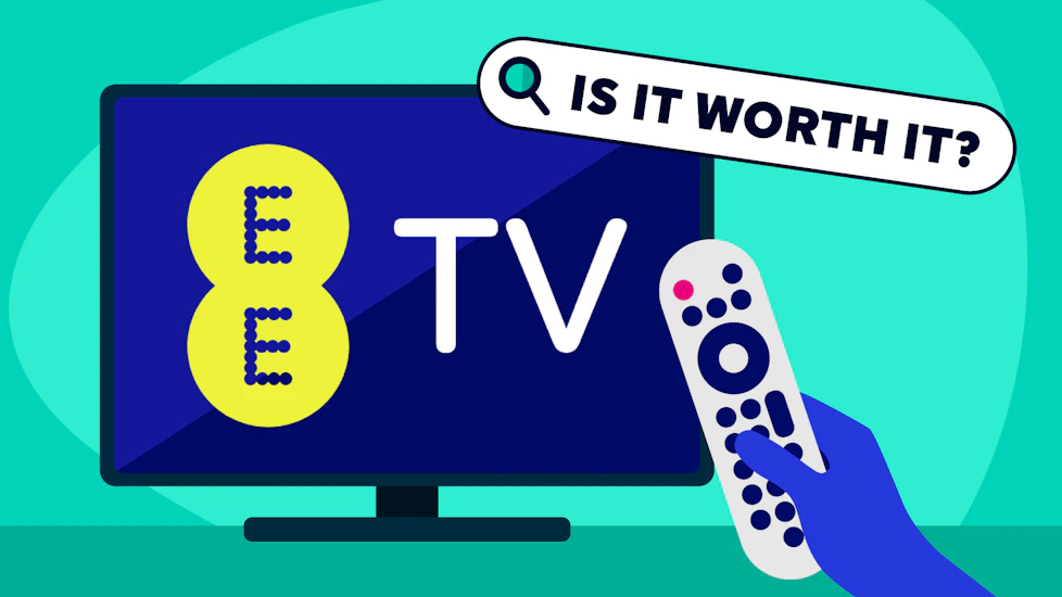 A hand holding a TV remote, pointed at a TV showing the EE TV logo, and a search box reading 'is it worth it?'