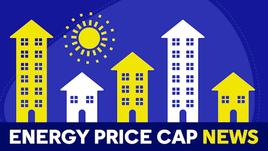 Arrow shaped houses pointing up with text reading 'energy price cap news'.