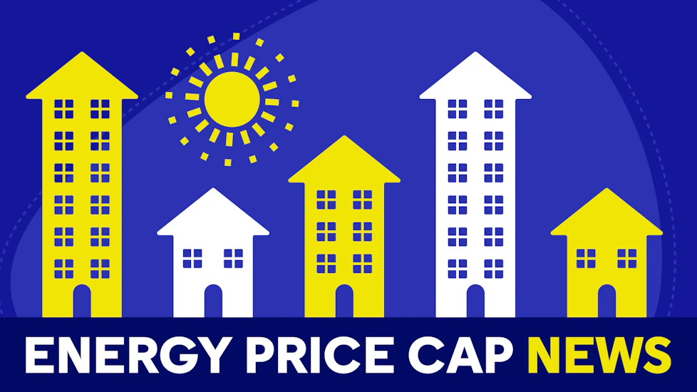 Arrow shaped houses pointing up with text reading 'energy price cap news'.
