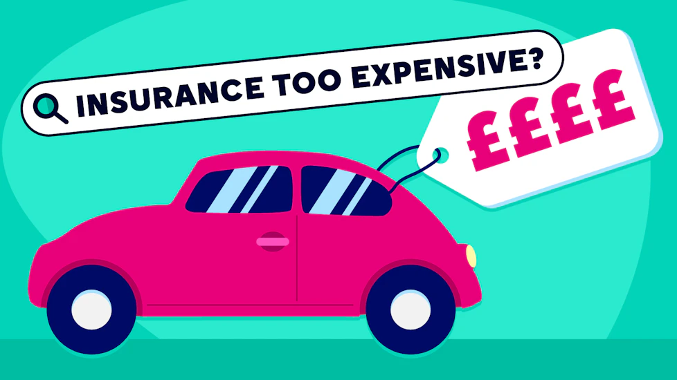 A car with a price tag attached to it, and the question 'Insurance too expensive?'