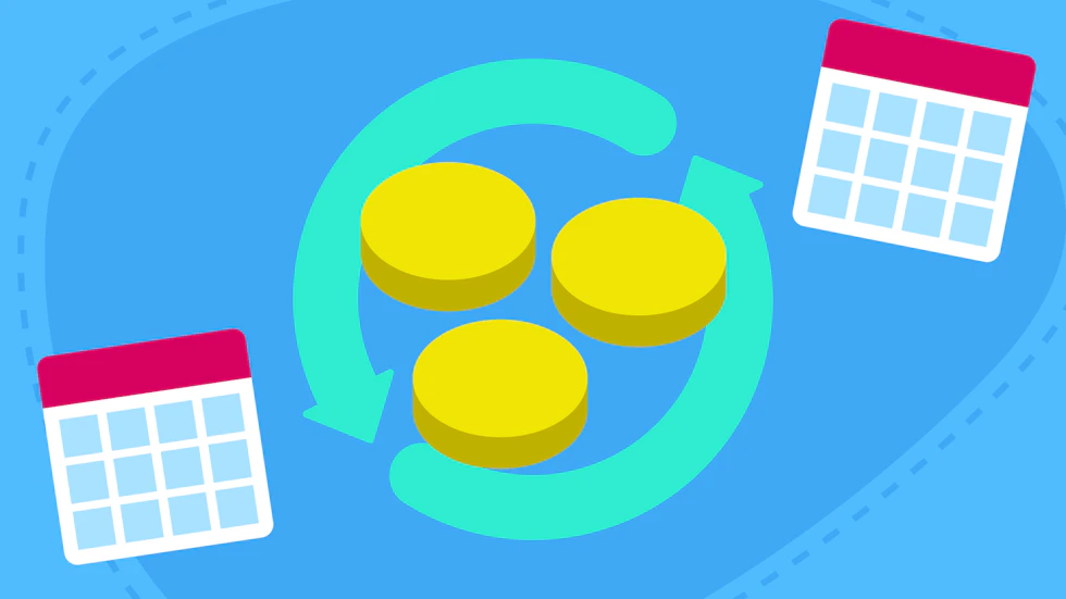 Calendars and a rotating circle surrounding coins, indicating renewal at a cost