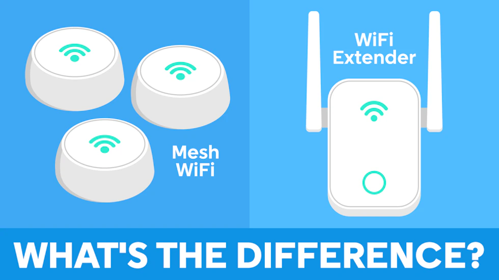 A set of three mesh WiFi nodes and a WiFi extender, with the title "What's the difference?" written at the bottom.