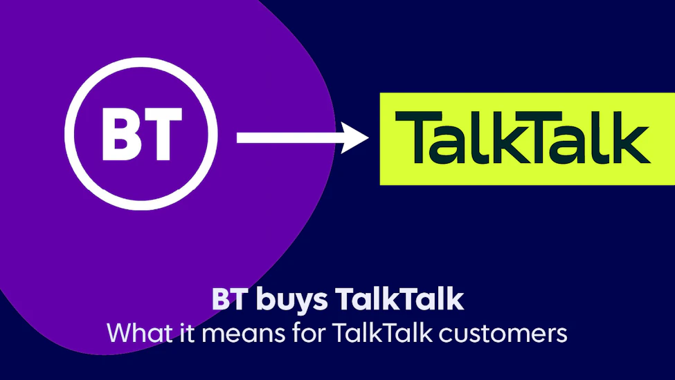 The BT logo with an arrow pointing to the TalkTalk logo