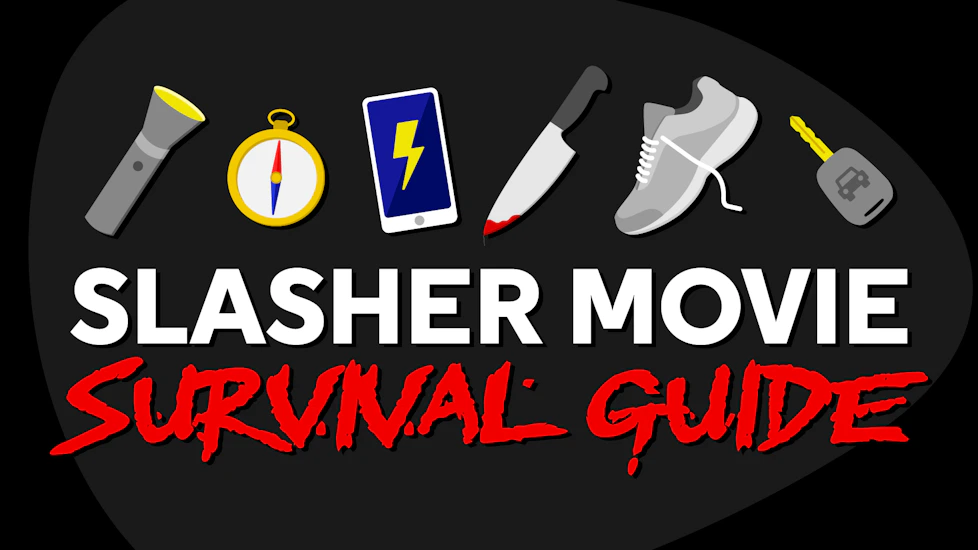 The title of the article, alongside several items from slasher movies - a torch, a knife, running shoes