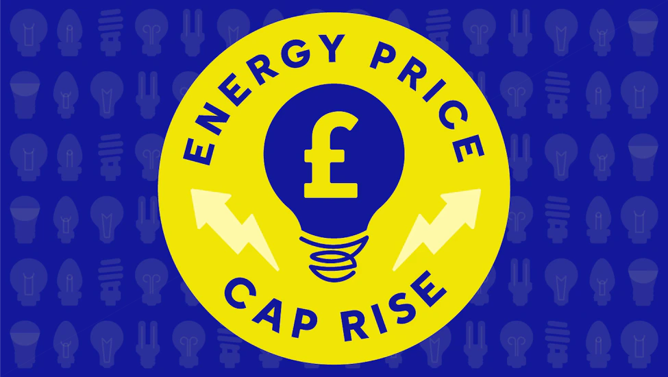 A light bulb with a pound sign inside, lightning bolts either side, and "Energy Price Cap Rise" written around it.